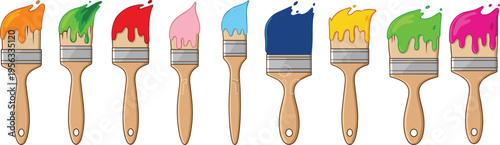 Vector illustration of paintbrushes with dripping colors including orange, green, red, blue, yellow, and magenta artistic design