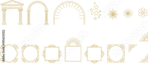 Vector illustration of ornate golden line art with classical architecture, celestial motifs, and decorative frames