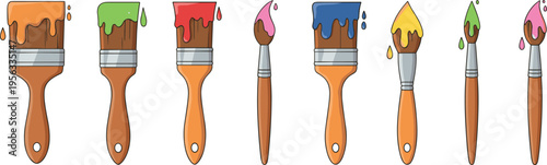 Vector illustration of paintbrushes with dripping colors including orange, green, red, pink, blue, and yellow artistic design