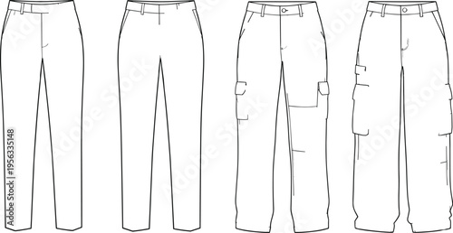 Vector illustration of pants designs including straight-leg trousers and cargo styles with pockets and stitching details