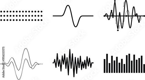 Vector illustration of sound wave and signal patterns including analog, digital, noisy, and frequency spectrum designs