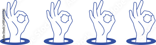 Vector illustration of surreal OK hand gestures emerging from portals with playful imaginative design variations