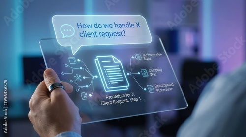 AI powered knowledge management with a hand asking a company wiki, How do we handle X client request and getting the exact documented procedure.
