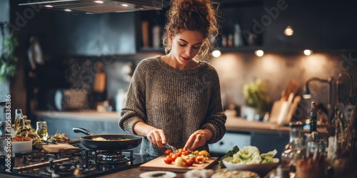 single woman cooking healthy meal in cozy modern kitchen