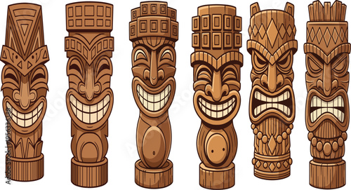 Cartoon tiki totem wooden carvings with expressive faces, exaggerated teeth, geometric decorative patterns, Polynesian inspired tribal illustration for cultural, festive, mascot, and design themes