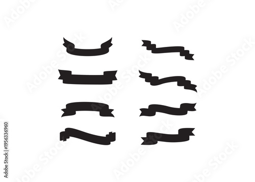 Set of eight black ribbon banners and labels in silhouette style, isolated on white background. versatile design elements for titles, tags, and decorative accents