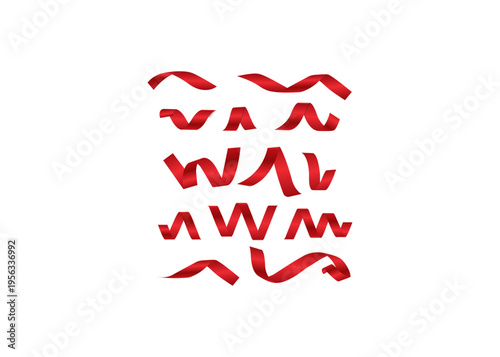 Scattered red ribbon fragments and strips in various folded and wavy shapes, isolated on a white background. dynamic elements for festive occasions and decorative use