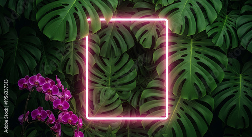 Green monstera leaves surround a pink neon square frame with purple orchid. Concept of tropical nature, growth, freshness, and free space for message