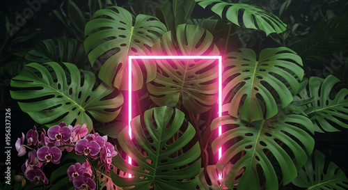 Lush green monstera leaves frame a pink neon square, with purple orchid, creating a vivid contrast, symbolizing nature and contemporary design