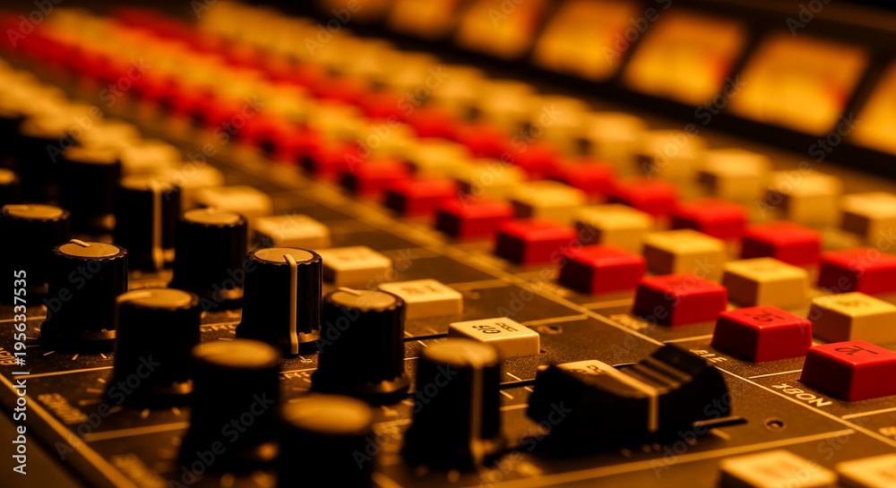 Fototapeta premium Close-up of audio mixer with red and white buttons and black knobs, representing audio production, sound engineering, music recording, and broadcasting