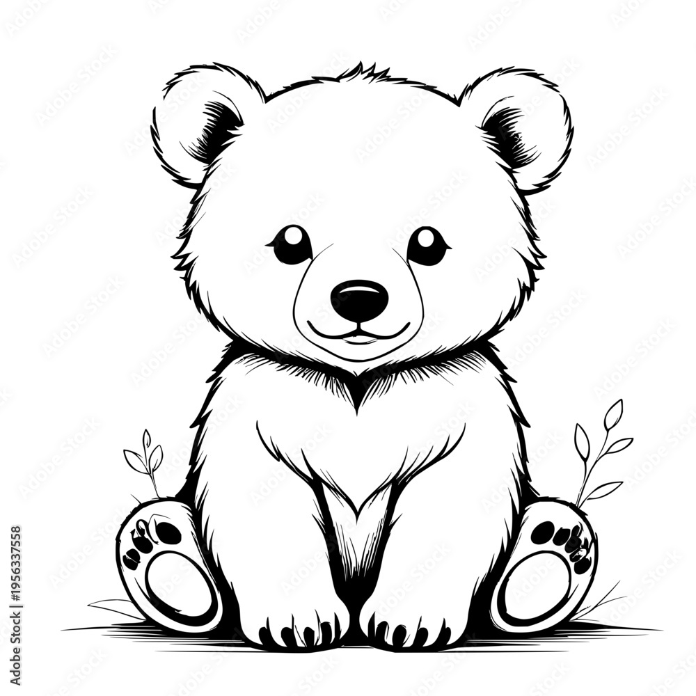 Fototapeta premium vector hand draw a baby bear cub sitting with small leaves, black and white line art illustration, perfect for coloring books and children's activities.