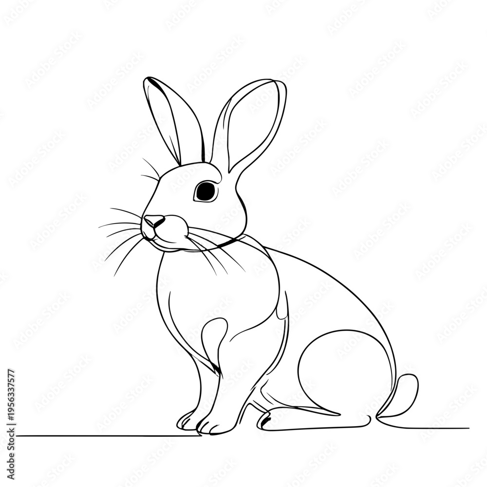 Obraz premium Continuous line drawing of a rabbit sitting, facing left, with whiskers and large ears, on a white background.