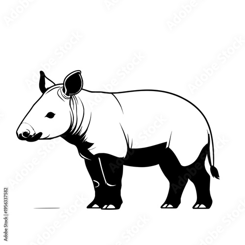 Black and white illustration of a tapir in side profile, showcasing its distinctive features and body shape.
