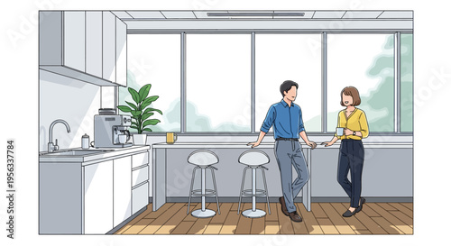 Casual Office Conversation in Sunlit Breakroom