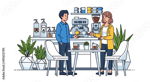 Coworkers Chatting Near Modern Office Coffee Station