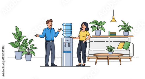 Coworkers Laughing at Modern Office Water Cooler