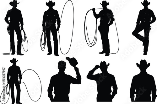 Eight cowboy silhouettes in classic Western poses wearing hats and holding lassos, representing wild west culture, ranch lifestyle, rodeo tradition, and iconic cowboy imagery.
