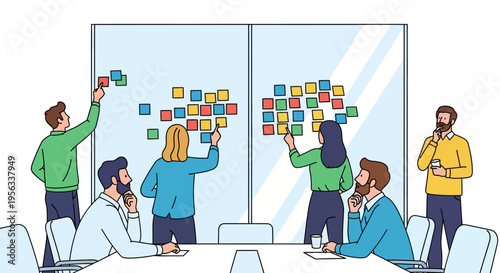 Creative Team Brainstorming at Glass Office Wall