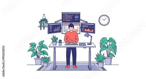 Employee Working at Modern Ergonomic Standing Desk