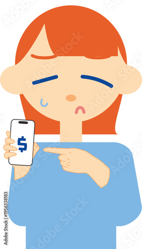 worried woman looking at smartphone financial trouble illustration