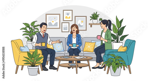 Happy Coworkers Chatting in Modern Office Lounge