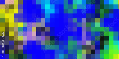 Pixelated abstract landscape with gradient blues greens and yellows creating a digital art effect for tech backgrounds