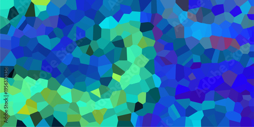 Vibrant abstract mosaic of geometric polygons in shades of blue cyan and green creating a colorful and dynamic background pattern for design