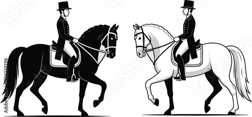 Elegant dressage horse riders in formal equestrian attire performing classical riding pose, black and white vector illustration of trained horses and jockeys isolated