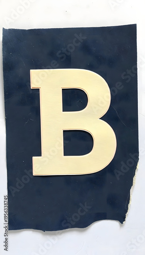 A large, three-dimensional golden letter B is centered on a dark blue background with a torn edge.