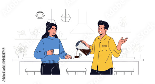 Happy Coworkers Having Coffee in Modern Office Kitchen