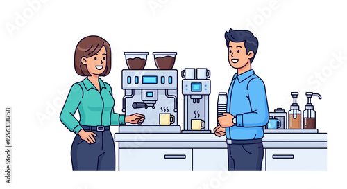 Happy Coworkers Chatting by Office Coffee Machine