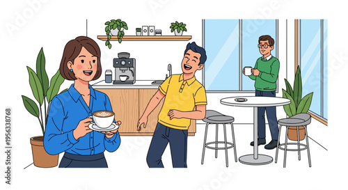 Happy Coworkers Sharing Coffee in Modern Office