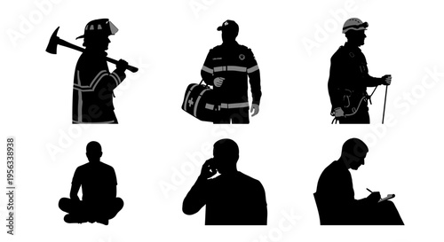 Six black silhouettes of people in various occupations and meditation on white background