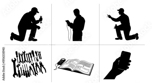 Silhouettes of people working with tools and technology in various poses and settings