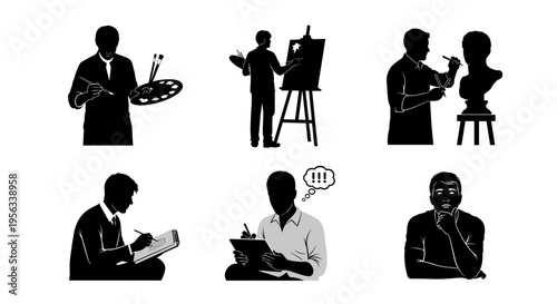 Silhouette artists create paintings and discuss ideas in a creative studio setting