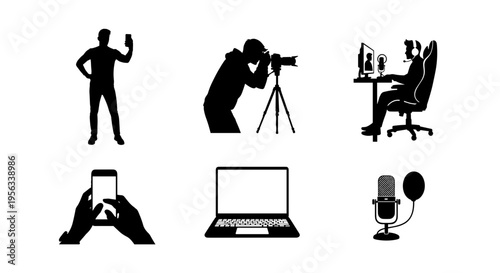 Black silhouettes of people working creating content with technology and media tools