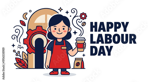 Celebratory Labour Day Illustration Featuring a Friendly Worker Holding a Coffee Cup and Expressing Appreciation