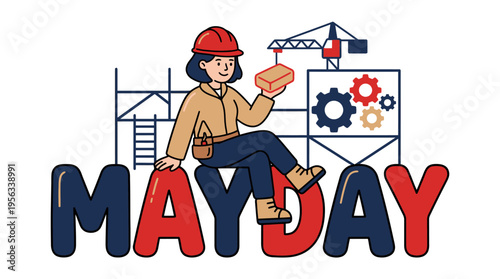 construction worker woman sitting on large letters spelling May Day with building site and crane in background