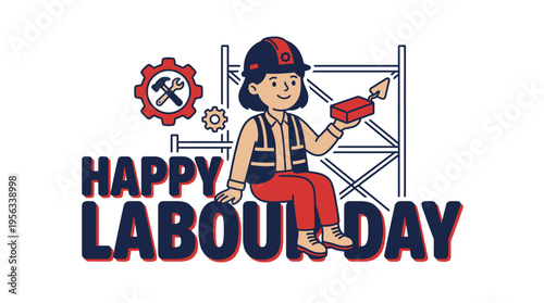 Celebrating Labour Day with a cheerful illustration of a young construction worker recognizing worker's contributions