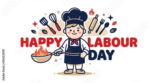 Celebrating labor and work with cheerful chef character and festive culinary elements for Labour Day commemorations