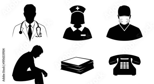 Medical professionals and emergency services icons with stressed person and office elements