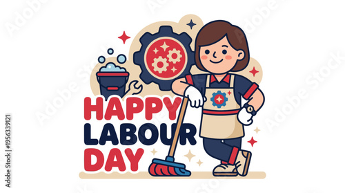 Celebrating Labour Day with cheerful worker illustration, featuring a cartoon woman in uniform holding a mop and gear icon
