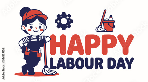 Celebrating Labour Day with a cheerful cartoon worker holding a broom and cleaning gear emphasizing hardworking spirit