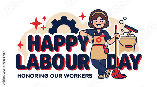 Celebrating Workers' Day with a cheerful cleaning lady holding cleaning tools and a bright smile conveying appreciation