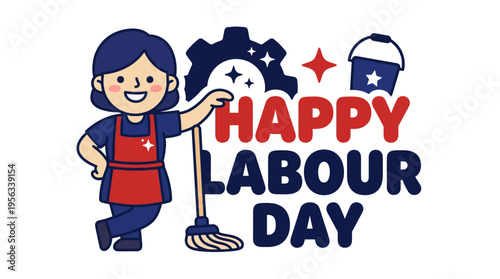 Cheerful cartoon maid celebrating Labour Day with cleaning tools and festive decorations