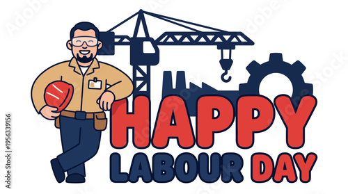 Celebrating Labour Day with a cheerful construction worker and building gear illustration