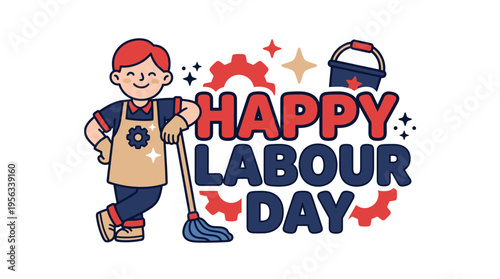 cheerful cartoon worker celebrating Labour Day with cleaning tools and festive elements for a joyful holiday greeting or