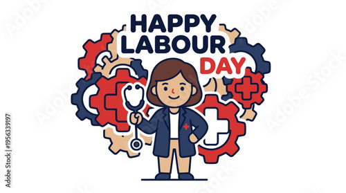 Celebrating International Labour Day with a cheerful healthcare professional standing amidst interconnected gears and medical