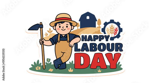 Colorful cartoon illustration celebrating Labour Day with a cheerful farmer and relevant symbols