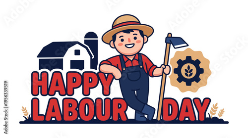 Colorful cheerful illustration celebrating workers on Labour Day with cartoon gardener holding a shovel and gear symbolizing